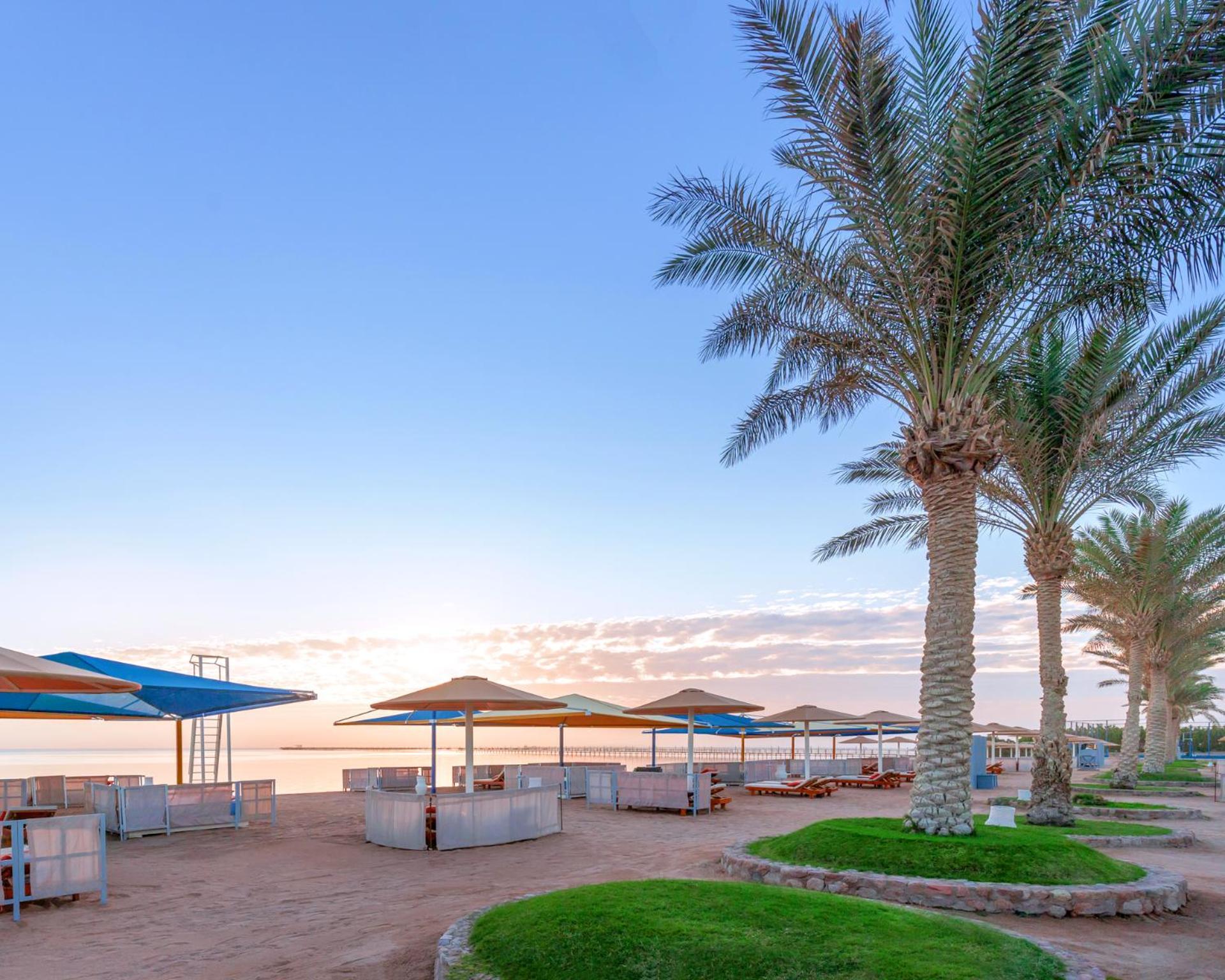 Pickalbatros Royal Moderna Sharm "Aqua Park" Hotel Exterior photo The photo shows a serene beach scene during sunset. There are several palm trees lining the beach, providing a tropical atmosphere. In the foreground, there are shaded lounge areas or cabanas with umbrellas, arranged neatly on sandy ground. The beach